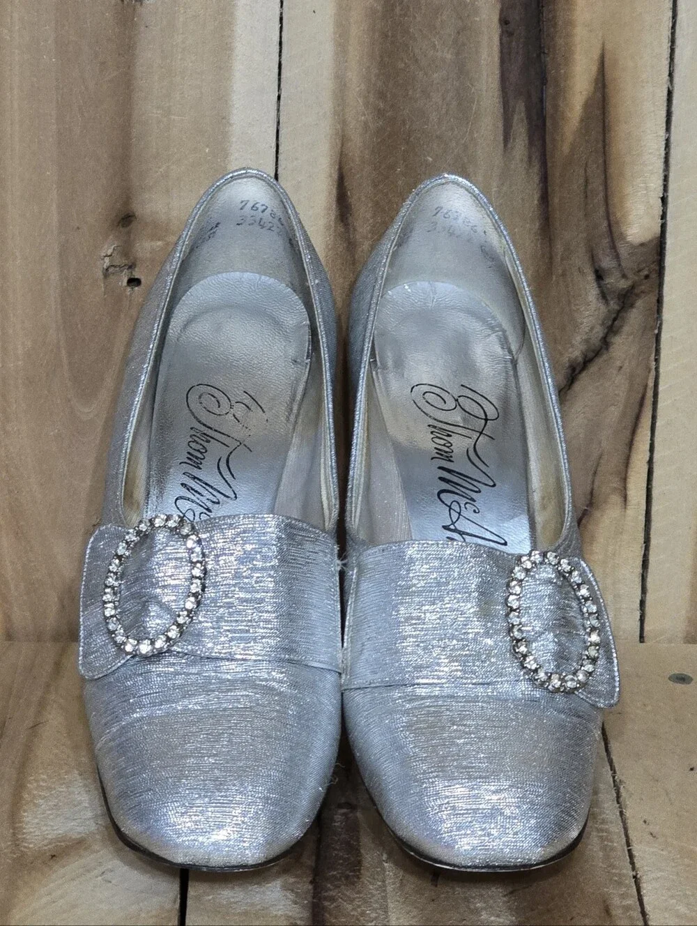 Vintage 1960s Thom McAn Silver Metallic Rhinestone Buckle Pumps Heels 7.5 B Glam